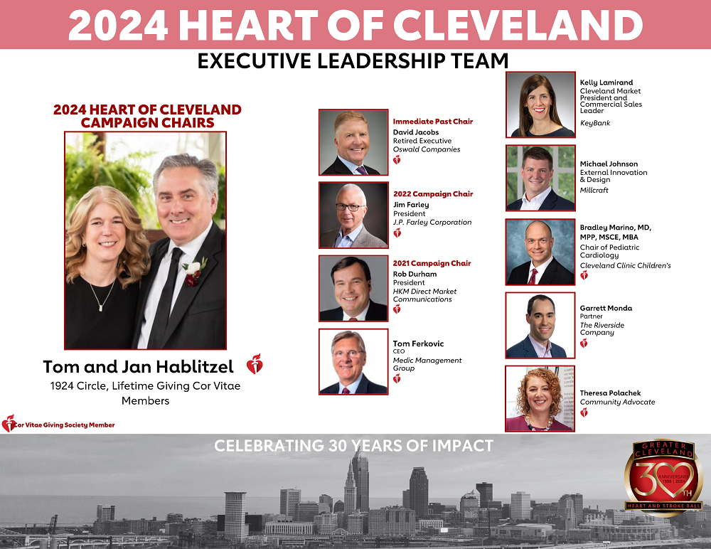 2024 Heart of Cleveland Executive Leadership Team 2024 Heart of Cleveland Campaign Chairs: Tom & Jan Hablitzel (1924 Circle, Lifetime Giving Cor Vitae Members) Immediate Past Chair: David Jacobs, Retired Executive, Oswald Companies 2022 Campaign Chair: Jim Farley, President, J.P. Farley Corporation 2021 Campaign Chair: Rob Durham, President, HKM Direct Market Communications Tom Ferkovic, CEO, Medic Management Group Kelly Lamirand, Cleveland Market President and Commercial Sales Leader, KeyBank Michael Johnson, External Innovation & Design, Millcraft Bradley Marino, MD, MPP, MSCE, MBA, Chair of Pediatric Cardiology, Cleveland Clinic Children’s Garrett Monda, Principal, The Riverside Company Theresa Polachek, Community Advocate Cor Vitae Giving Society Member Celebrating 30 years of impact Greater Cleveland 30th Anniversary 1995-2024 Heart & Stroke Ball